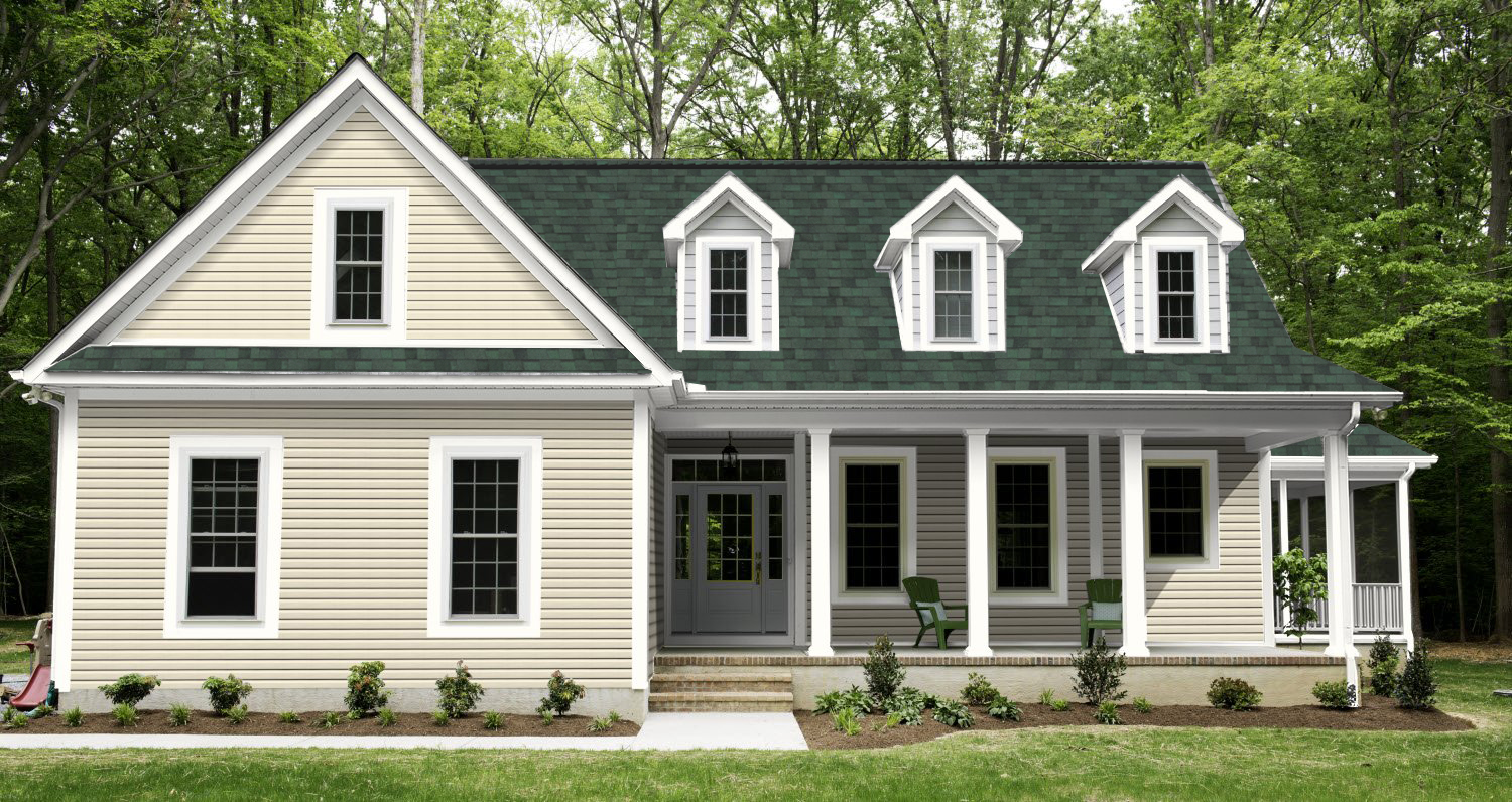 Cameo siding with Chateau Green shingles and white trim.
