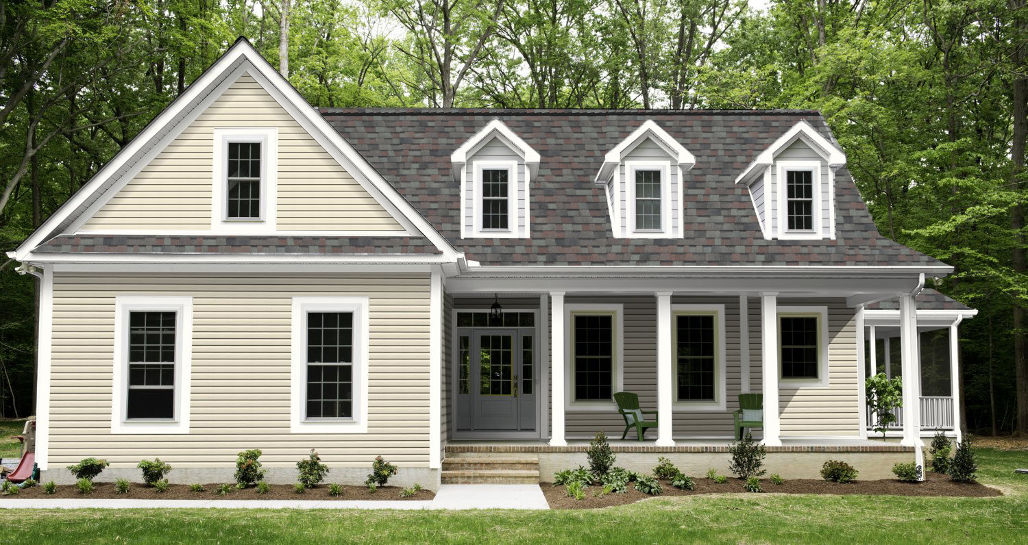 Cameo siding with Colonial Slate shingles with white trim.