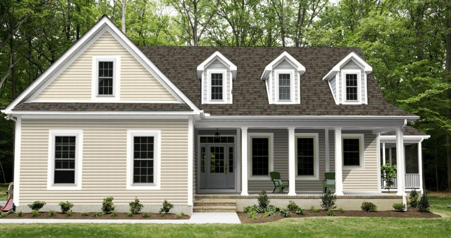 Cameo siding with Driftwood shingles and white trim.