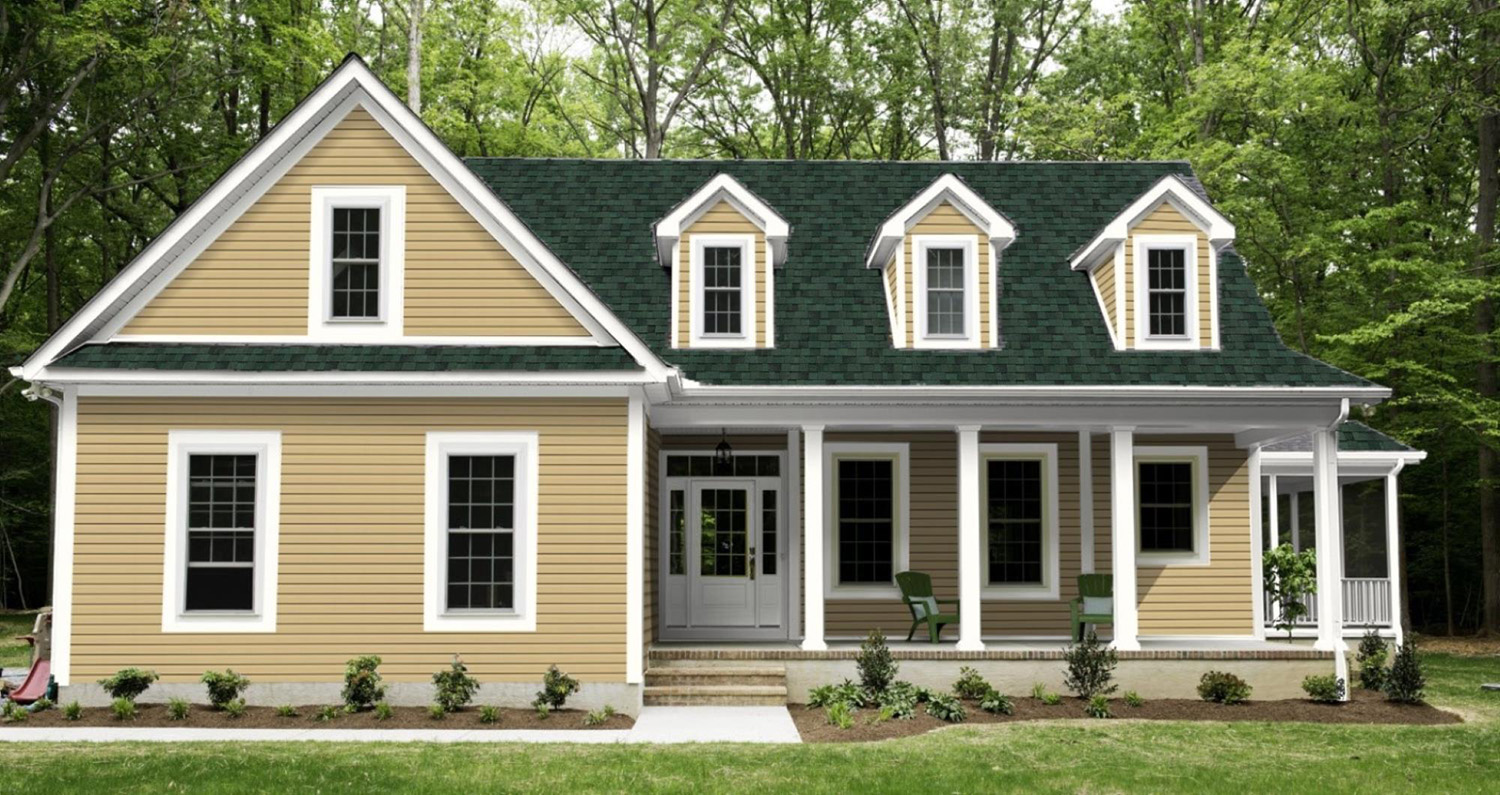 Corn Silk vinyl siding with Chateau Green shingles with white trim