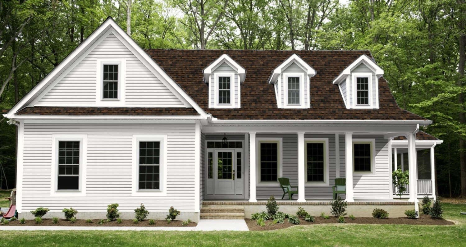 White vinyl siding with Brownwood shingles with white trim