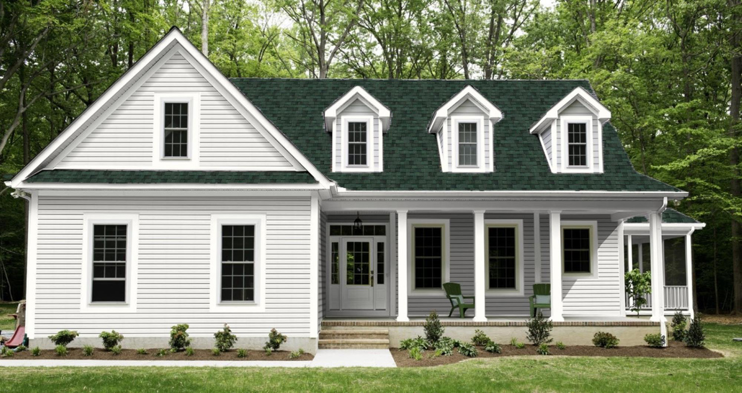White vinyl siding with Chateau Green shingles with white trim