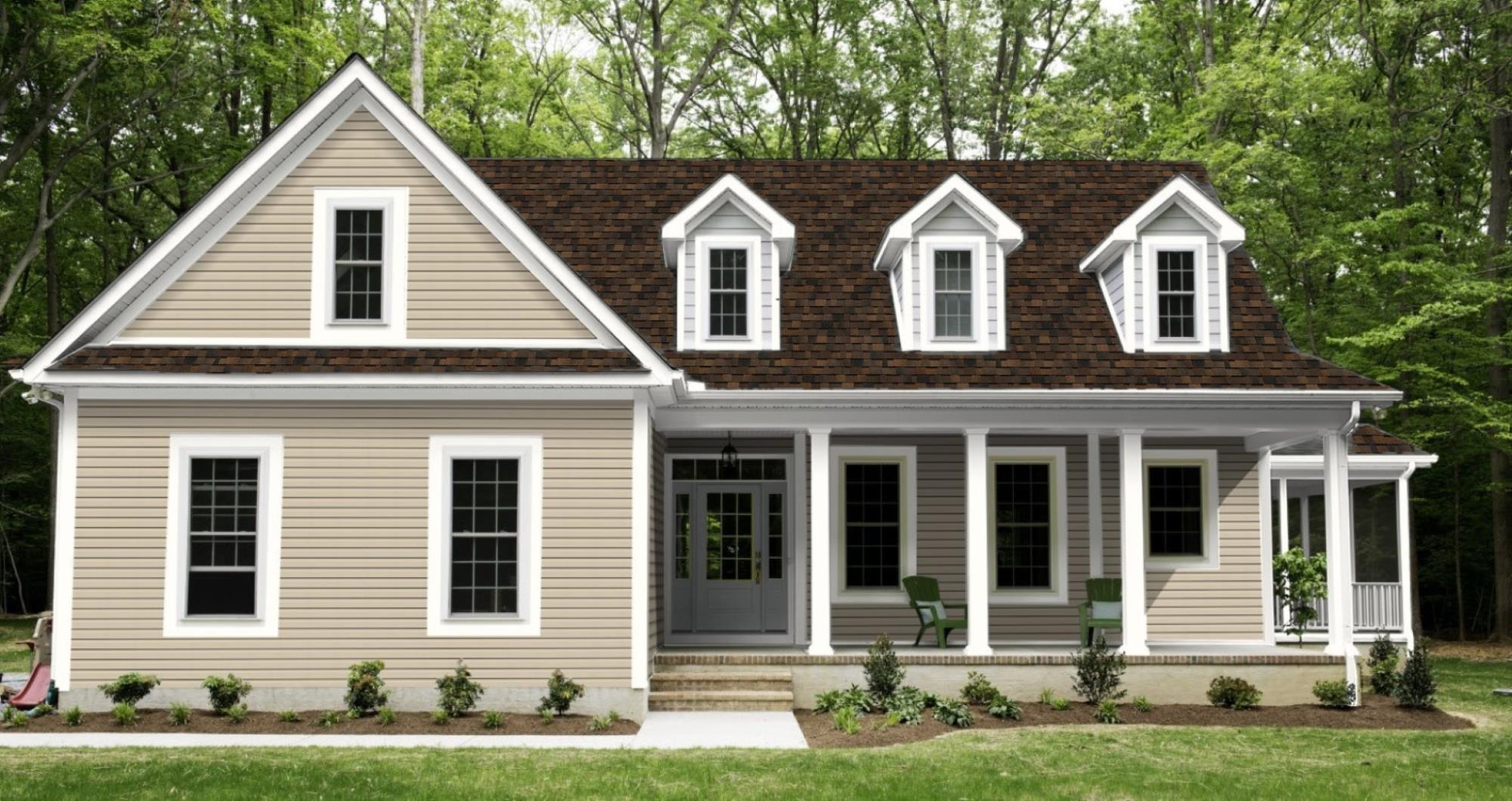 Desert Sand vinyl siding with Brownwood shingles with white trim