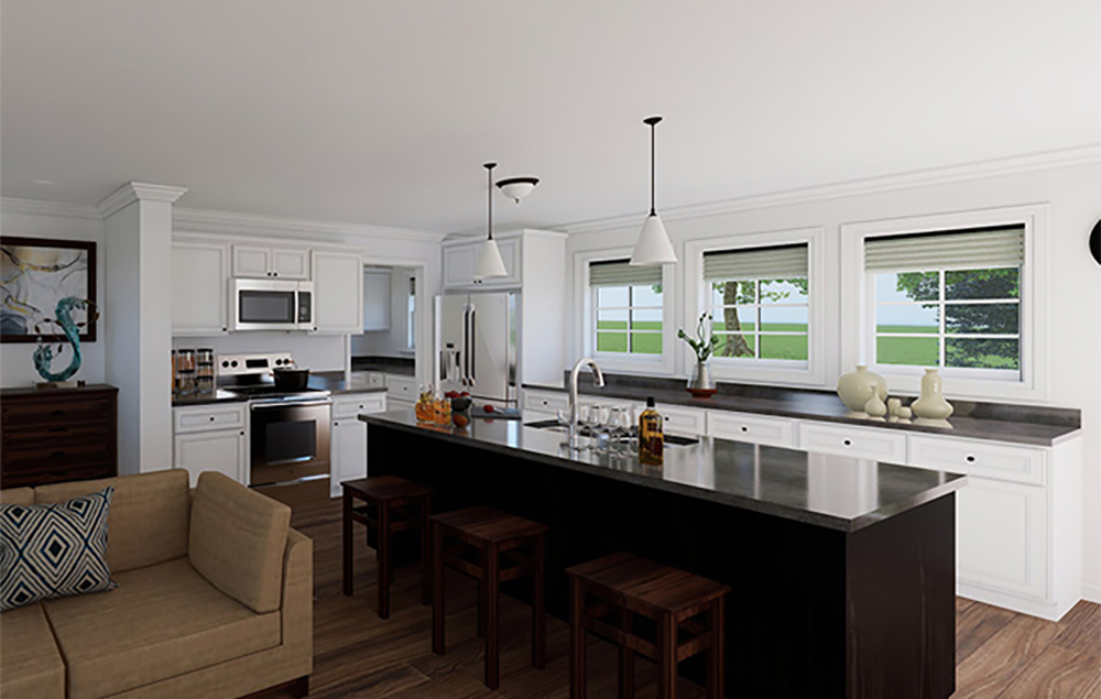 Living Room image with eat-in kitchen island