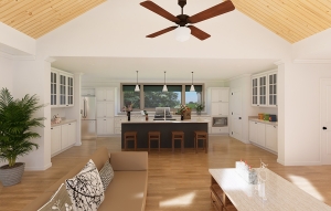 Springville Kitchen view with Upgraded Living Room Vaulted Ceiling
